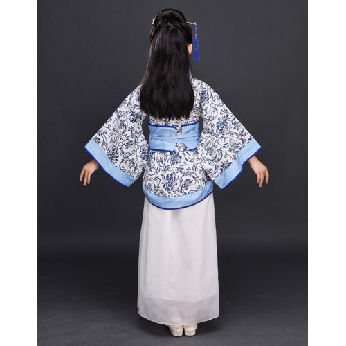 Children chinese folk dance costumes blue and white ancient traditional classical cosplay hanfu halloween christmas party cosplay fairy dresses